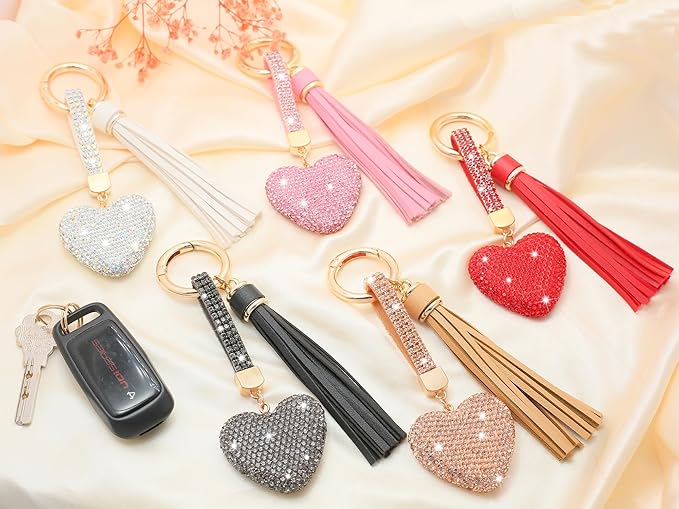 Heart Shape Rhinestone Glitter Keychains for Women Charms Purse Crystal Tassel Car Key Rings Backpacks