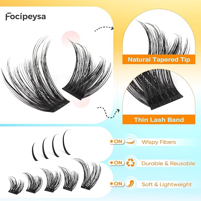 Focipeysa Volume Eyelash Clusters Kit with Spike Lash Cluster Bottom Individual Lash Extensions Wispy Individual Eyelash Extensions Kit with Lash Bond and Seal DIY Lash Clusters at Home
