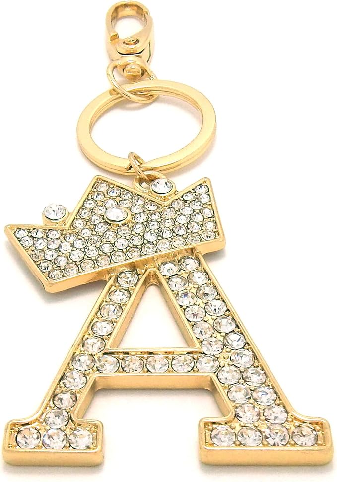 CBC Crown Crystal Rhinestone Letter Initial Keychain, Gold Metal, Bag Charm with Key Ring Approx. 2.17" x 2.56"