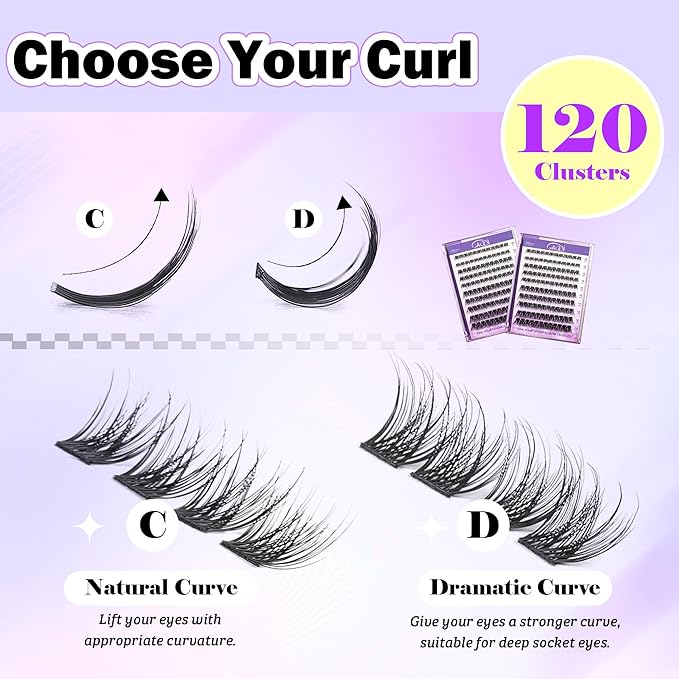 GAQQI Lash Clusters, Eyelash Clusters 120PCS D Curl Individual Lashes, Wispy Cluster Eyelash Extension 12mm Only, Natural Looking Cluster Lashes （GQ03, D Curl, 12mm)
