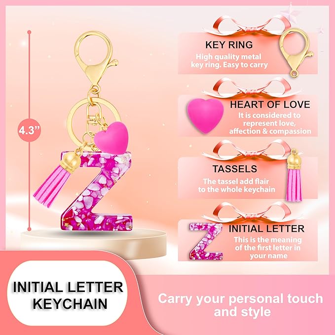 Initial Keychains for Women with Cute Heart Resin - Alphabet Letter Keychain for Bag, Backpacks, Purse or Car key