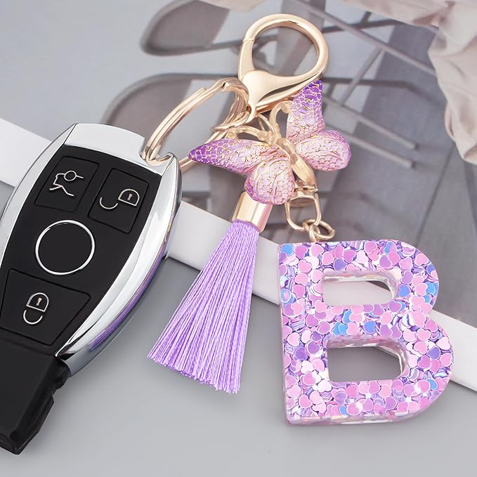 Initial letter Keychains for Women Girls Tassel Butterfly Cute Keychain for Wallet Backpack charm