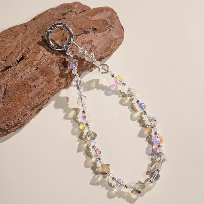 Cell Phone Wrist Strap Crystal Beaded Phone Bracelet Strap For Women Sparkling Beads Wristlet Lanyard Beaded Chain (Transparent Rainbow)