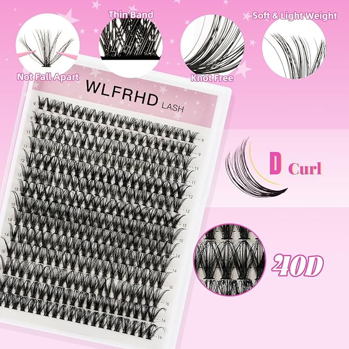 Lash Clusters Kit 280 Pcs DIY Individual Cluster Lashes D Curl Lash Extension Kit with Eyelash Bond and Seal, Remover, Tweezers Applicator Tool for False Eyelash Cluster Kit(40D, Mix9-16mm Kit)
