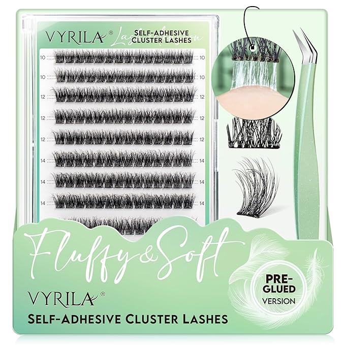 VYRILA Self-Adhesive Lash Cluster Kit, Pre-Glued Clusters with Tweezers, Pop-On Faux Eyelashes, 3D Thin Band D Curl Natural Look Lahses, Easy to Apply, Reusable Eyelash Extensions (Muse-10-16-Kit)