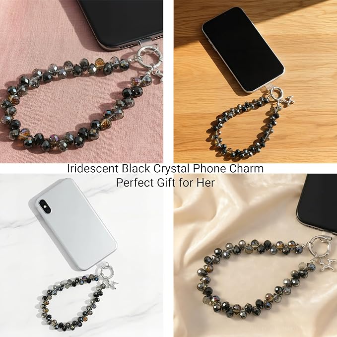 2pcs Crystal Phone Wrist Strap Phone Charm Chain Keychain Beaded Cellphone Lanyard with Tether Tab Hands-Free Wristlet Bracelet Wrist Grip Strap for Women, D-Black