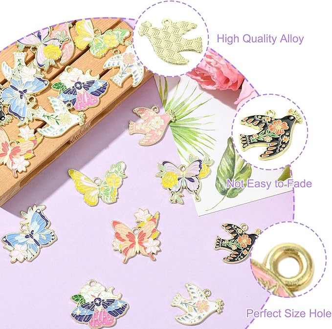 Stiesy 18 Pcs 9 Styles Alloy Enamel Animal Charms Pendants Swallow & Butterfly Jewelry Charm Bulk for Bracelets Necklace Earring Jewelry Making Craft