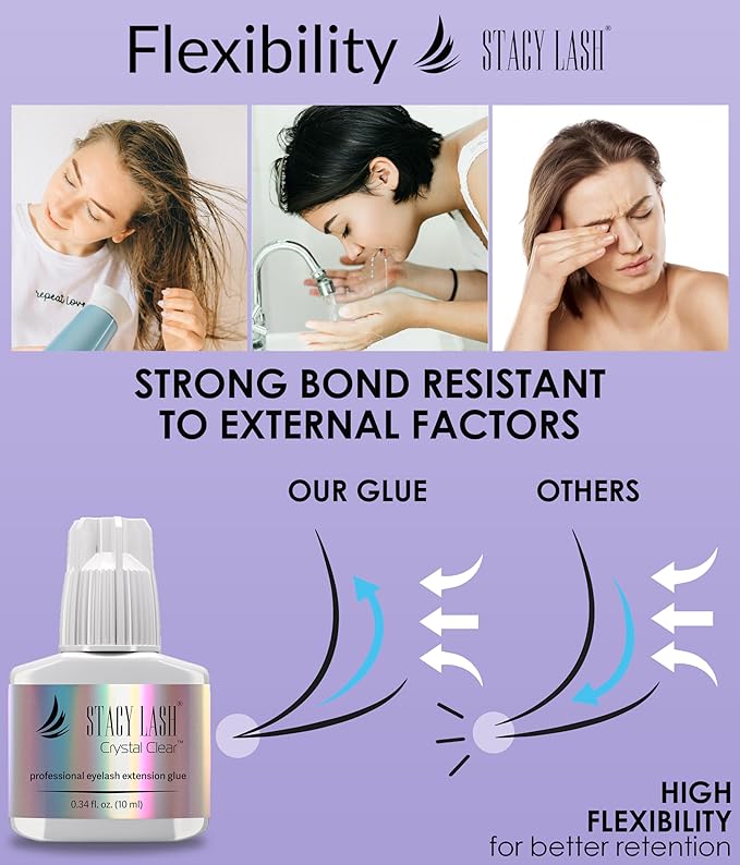 STACY LASH Crystal Clear Eyelash Extension Glue (0.34fl.oz/10ml)/1 Sec Drying Time/Retention – 8 Weeks/Transparent Adhesive/Professional Supplies