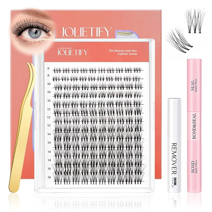JOLIETIFY Lash Extension Kit, Natural Style, Faux Mink 8-16mm Cluster Lashes, BareLook, Soft & Fluffy, Waterproof Bond & Seal, Reusable Individual Lashes with Tweezers & Remover Tool, Easy to Apply