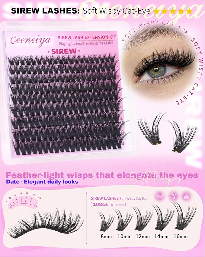 Geeneiya Lash Clusters Kit, 5 Styles Eyelash Clusters Kit, FURY/SIREW/DIVA/Bottom Cluster Eyelash Extensions with Lash Bond and Seal, Remover and Lashes Tools for Beginners, DIY Lash Extension Kit
