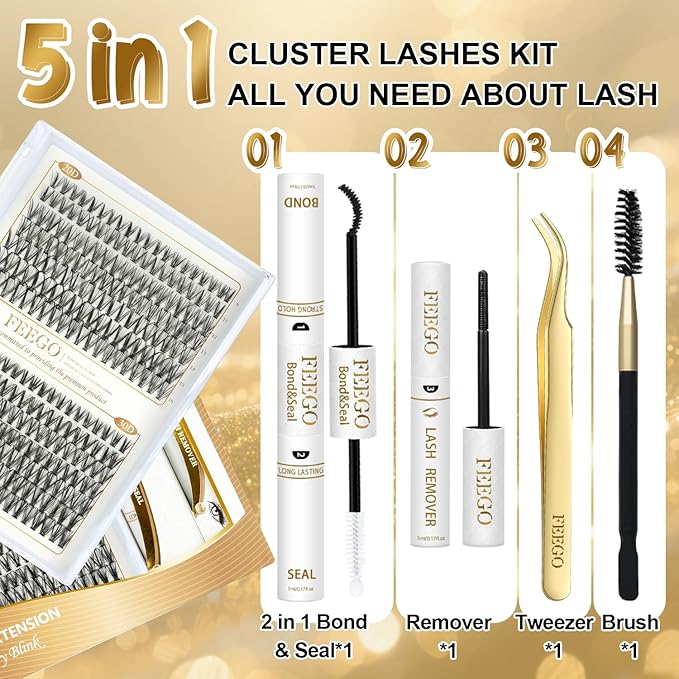 FEEGO Eyelash Extensions Kit Lash Clusters DIY Lash 280pcs 9-16mm Individual Lashes Clusters 20D 30D D Curl Eyelash Extension Kit Individual Lashes, Lash Bond, Seal Glue, Remover (2030D Charming Kit)