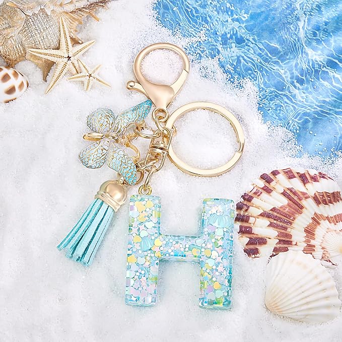 Fashion Alphabet Initial Letter Keychain Tassel Butterfly Pendant Key Ring for Purse Handbags Women Girl