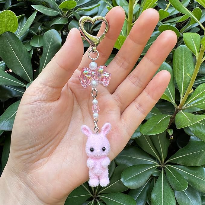 Cute Fuzzy rabbit Keychain for Women - Y2K Plush Bow Bag Charm Decor, Kawaii Kitty Pendant Gift for her