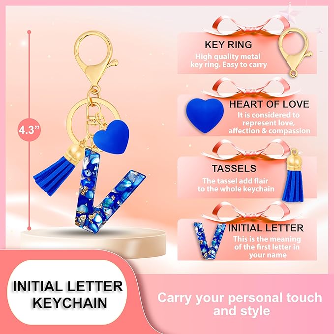 Initial Keychains for Women with Cute Heart Resin - Alphabet Letter Keychain for Bag, Backpacks, Purse or Car key