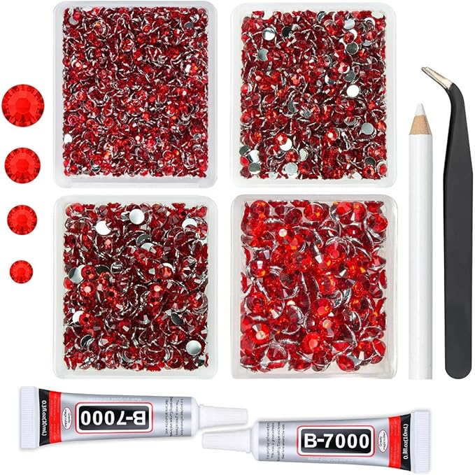 Red Crystal Resin Rhinestones w B7000 Jewelry Glue for Bedazzling Crafting Siam Red Flatback Stones 3mm 4mm 5mm 6mm Ruby Red Diamonds Crystals Gems Charms for Nails Face Makeup Tumblers Crafts