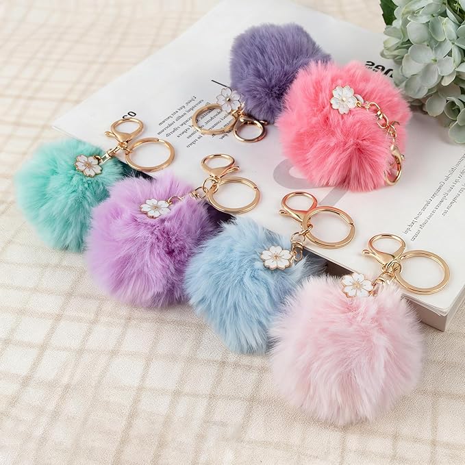 Backpack Keychains - Keychains for Backpacks Girls,6 Pack Cute Animal Pom Pom Keychains,Fluffy Faux Fur Ball Keychain Accessories for Girls and Women
