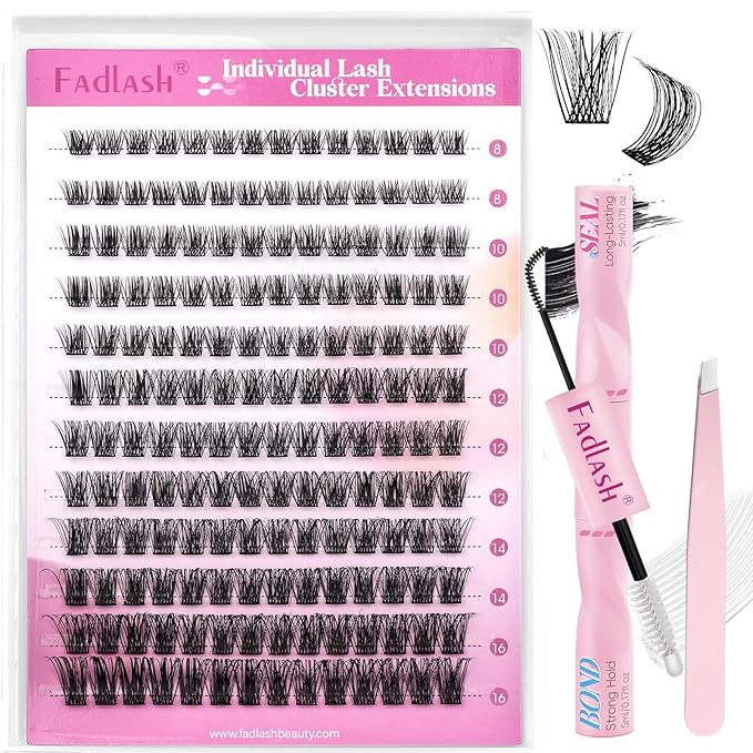 FADLASH Lash Clusters Kit DIY Lash Extension Kit D Curl 0.07 Natural Eyelash Extension Clusters Wispy Lash Clusters with Lash Bond and Seal Lash Tweezer for Self Application(F34-0.07D, 8-16mm Kit)