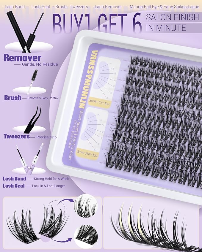 Wispy Lash Clusters Kit with Remover Natural Eyelashes Clusters Short C Curl Cluster Eyelash Extensions Lightweight Individual Lashes DIY Eyelash Extension Kit with Waterproof Lash Cluster Glue 8-16mm