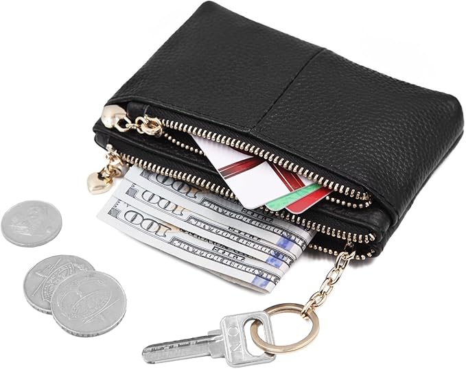 ZOOEASS Women Genuine Leather Zip Mini Coin Purse With Key Ring Triple Zipper Card Holder Wallet