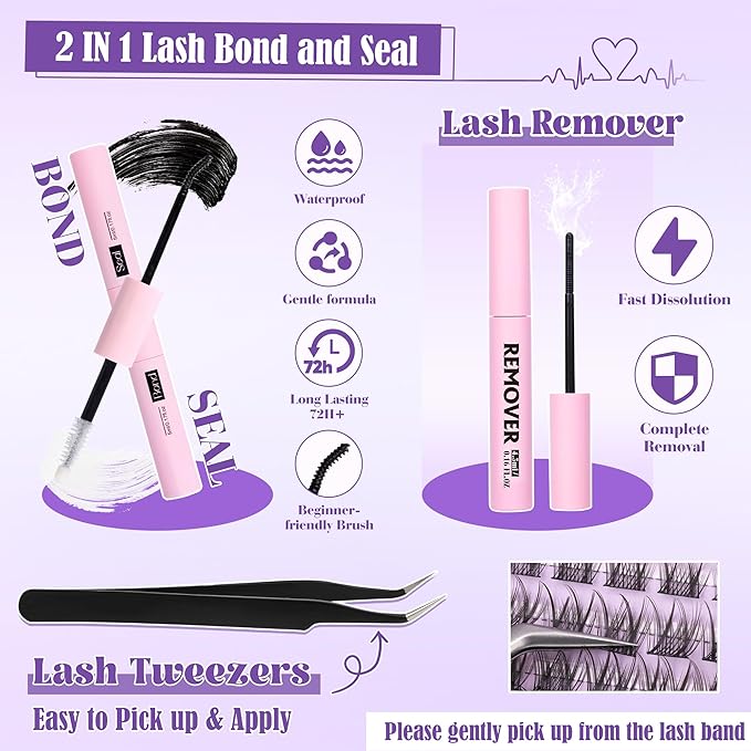 Wispy Lash Clusters Kit Natural Lash Extensions Kit DIY Cluster Eyelash Extensions C-Curly 8-16mm Individual Lashes Kit with Lash Remover Black Bond and Seal Soft Thin Band by ALICE