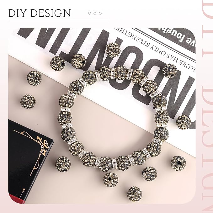 200 Pcs Gray Rhinestone Beads for Jewelry Making, Sparkle Crystal Clay Christmas for Bracelet Baseball Necklace Earring Crafting and DIY, Shiny Round Shamballa Disco Ball Beads Bulk