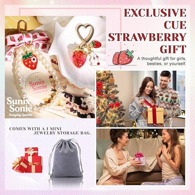 2Pcs Strawberry Keychain Charm Cute Bag Charms Flower Daisy Pearl Bow Keychain Strawberry gift for Women