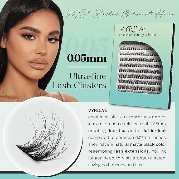 VYRILA Lash Clusters 0.05mm Individual Lashes, 3D Wispy Lashes Clusters, 0.1mm Super Thin Band Resuable Natural Lashes,D Curl Faux Mink Lashes,120pcs Lash Extension (Green Joy-D-0.05-8-16mix)