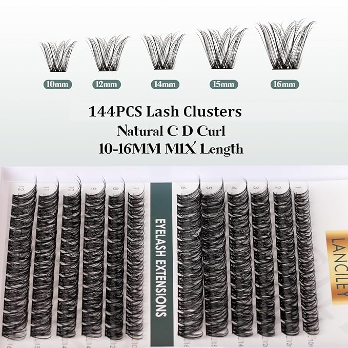 Lash Clusters 144pcs Volume Eyelash Clusters 10-16MM DIY Individual Lashes C Curly Eyelashes Manga Lashes Clusters Natural Cluster Eyelash Extensions Soft Thin Band Cluster Lashes for Beginners-DM01