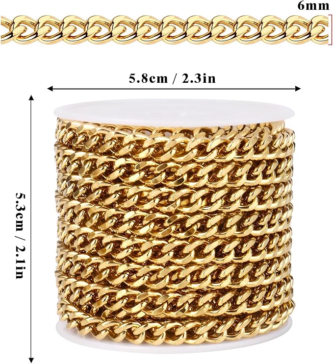 16.5FT Gold Stainless Steel Cuban Chain Roll 6MM 18K Gold PVD Plated Diamond-Cut Curb Link Chains Spool Bulk for Jewelry Making