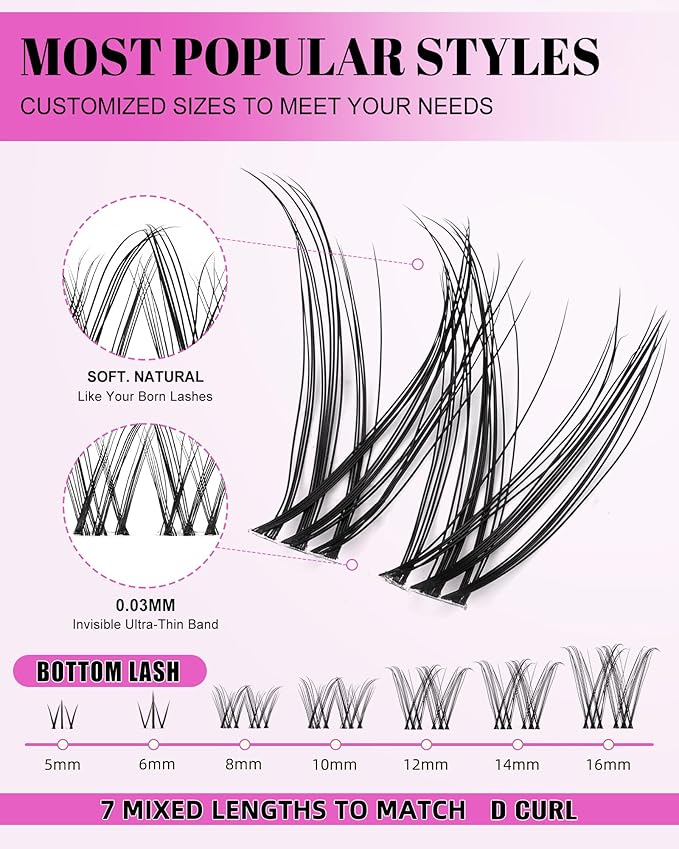 Venus Lash Clusters 8-16mm with 5-6mm Bottom Lashes Natural Eyelash Clusters D Curl -WideSpan DIY Eyelash Extension Individual Fake Eyelashes Clusters with 0.03mm Ultra-Thin Invisible Lash Band