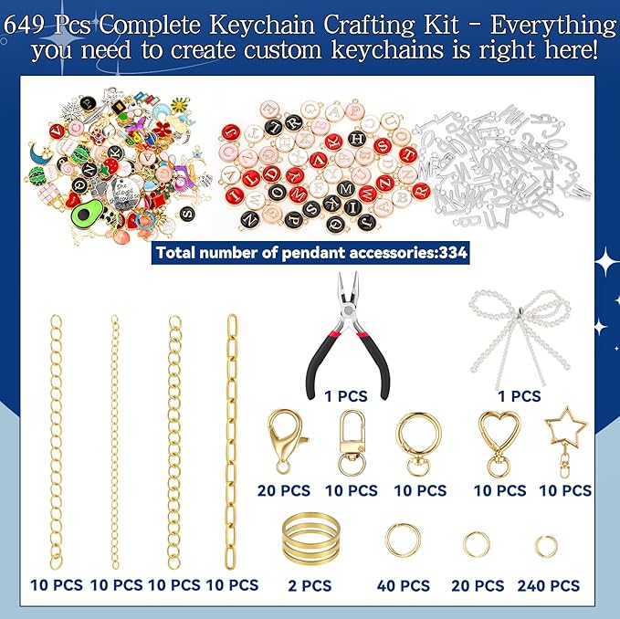 DRHWEFSQ 648Pcs Lipgloss Keychain Making Kit - DIY Jewelry Supplies with 236 Charms, 50 Extender Chains, 60 Clips, 300 Jump Rings & Plier for Custom Keychains, Bags, Handmade Gifts