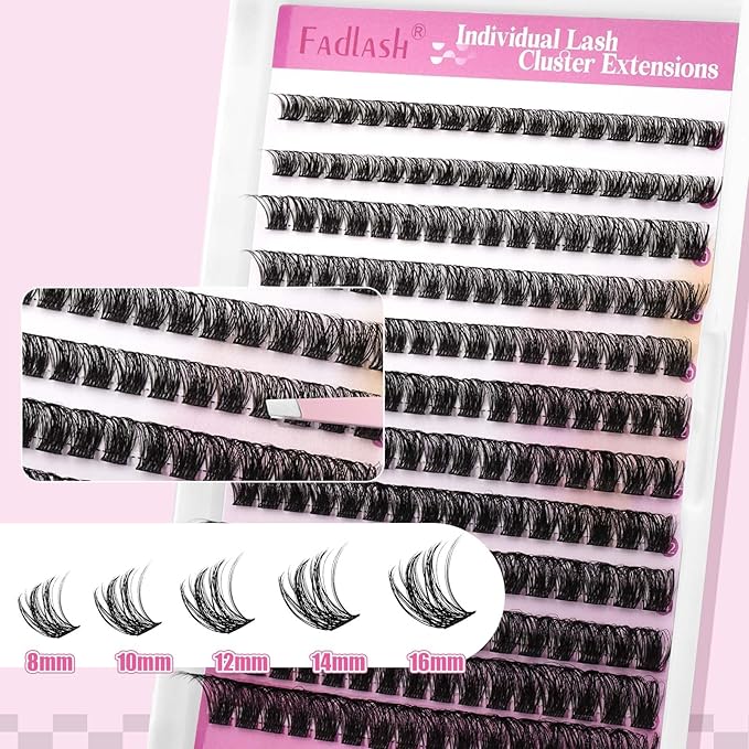 FADLASH Lash Extension Kit Fluffy Lash Clusters 0.07 D Curl Mixed Tray Wispy Eyelash Clusters with Lash Bond and Seal Lash Tweezer Diy Lash Clusters Kit for Beginners at Home(C3-0.07D, 8-16mm Kit)