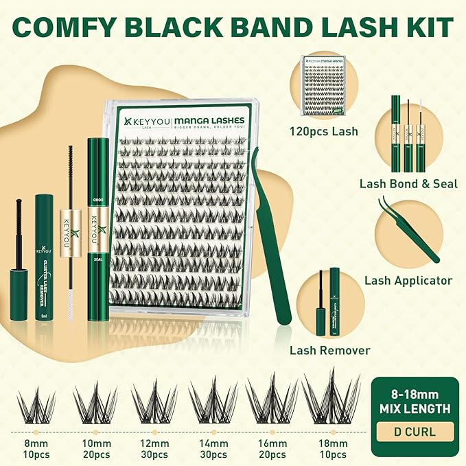 KEYYOULASH Manga Lash Clusters Kit 8-18mm Eyelash Clusters Kit DIY Lash Extension Kit Natural Fairy Cluster Lashes with Lash Bond Seal Remover Applicator Soft Thin Band(MG03)
