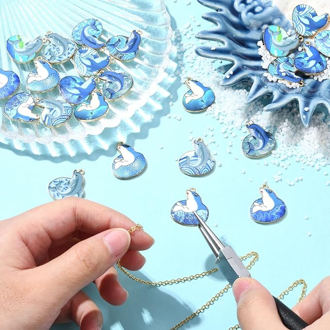 Stiesy 24 Pcs 12 Styles Blue Printed Dolphin Charms Pendants Sea Animal Enamel Alloy Metal Charms for Jewelry Crafts Necklace Bracelets Earring Making DIY Presents