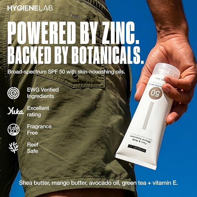 HygieneLab Mineral Sunscreen SPF 50 – Invisible Sheer Finish, Rated Excellent on Yuka, Zinc Oxide, Broad Spectrum UVA/UVB Protection, Reef Safe, Aloe Vera & Shea Butter Hydration (Large 6 oz)