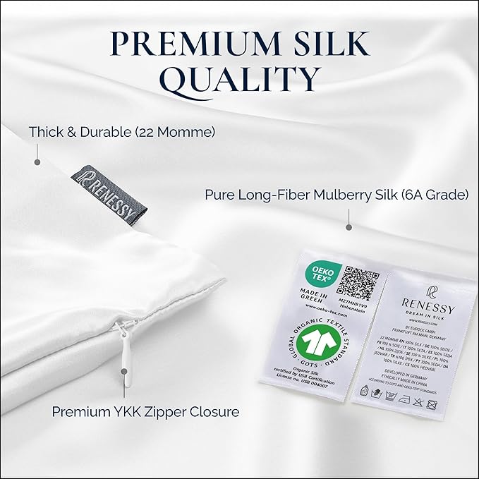 RENESSY Premium Silk Pillowcase 100% Organic Mulberry Silk, 22 Momme, Grade 6A - Oeko-Tex Certified in Germany - Luxury for Hair & Skin, 1 Piece (King Size 20x36 Inches, Natural Silk Off-White)