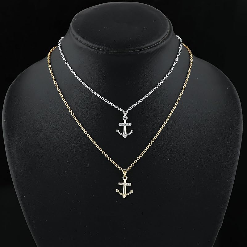 JOR Anchor Charm Pendant Necklace, CZ, Women Jewelry, Dainty Gold & Silver Plated Combo Chain 18 inch (Pack of 2)