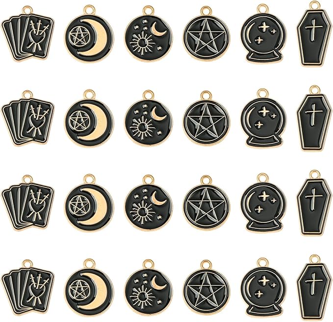 Stiesy 60 Pcs 6 Styles Enamel Black Gold Gothic Tarot Card Divination Card Magic Amulet Metal Charms Bulk for Jewelry Making DIY Necklace Bracelet Earrings Crafts