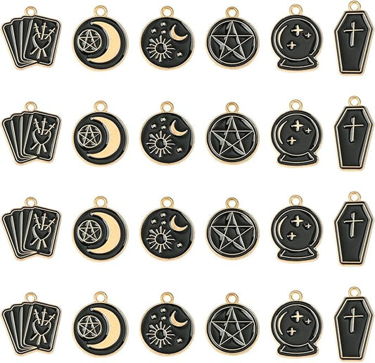 Stiesy 60 Pcs 6 Styles Enamel Black Gold Gothic Tarot Card Divination Card Magic Amulet Metal Charms Bulk for Jewelry Making DIY Necklace Bracelet Earrings Crafts