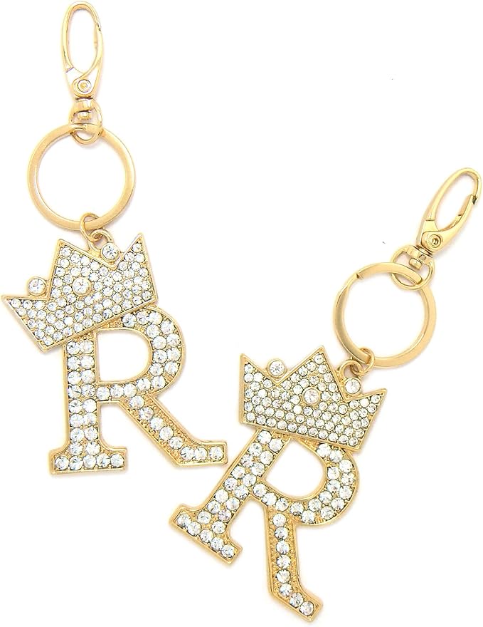 CBC Crown Crystal Rhinestone Letter Initial Keychain, Gold Metal, Bag Charm with Key Ring Approx. 2.17" x 2.56"