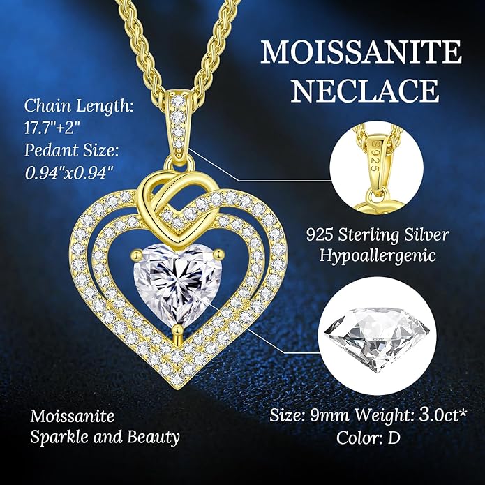 OOBEE Moissanite Heart Necklaces for Women, 1- 4 Carat Moissanite 925 Sterling Silver Gold Plating Fine Women Necklace，Ideal Anniversary Birthday Christmas Valentine Mothers Day Jewelry Gifts for Mom Wife Her Girlfriend