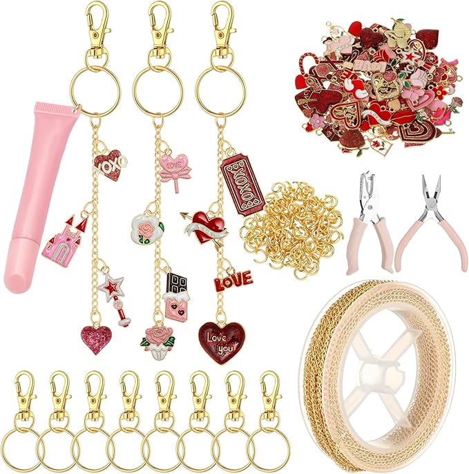 VioraWhite 213 Pcs Valentines Theme Lip Gloss Keychain Making Kit 100 Pink Enamel Charms 32.81 ft Gold Chains for Galentines DIY Crafts Women