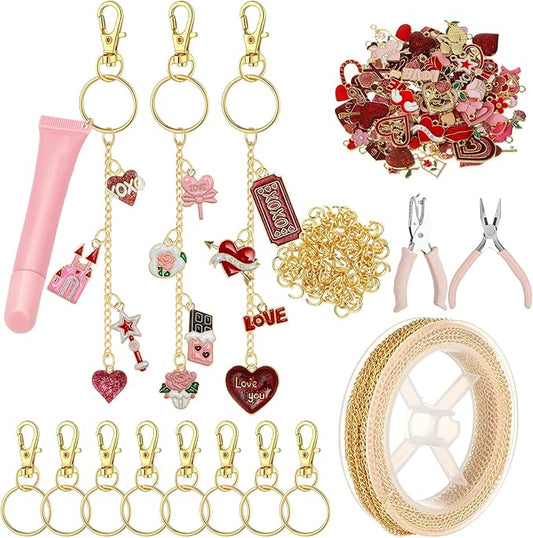 VioraWhite 213 Pcs Valentines Theme Lip Gloss Keychain Making Kit 100 Pink Enamel Charms 32.81 ft Gold Chains for Galentines DIY Crafts Women