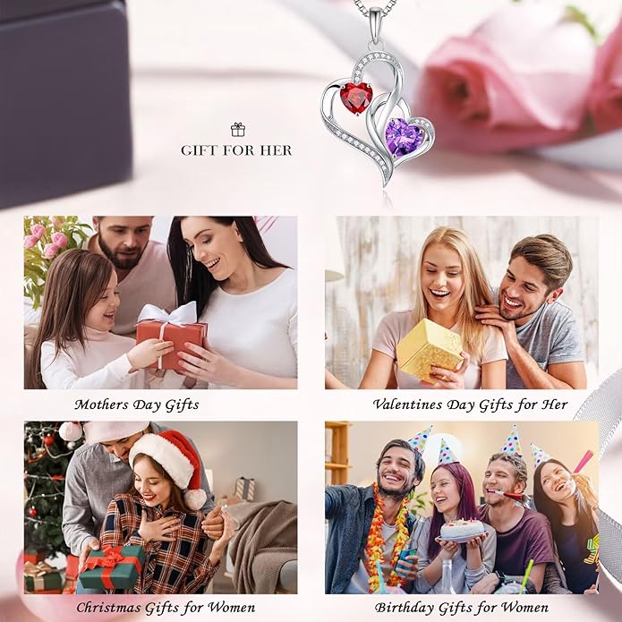 Iefil Valentines Day Gifts for Her, Birthstone Necklace for Women, 925 Sterling Silver Double Birthstone Necklace | Anniversary Birthday Gifts | Personalized Jewelry Gift for Wife Mom Girlfriend