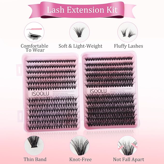 ISOOLU Fairy Lash Clusters Manga Individual Lashes C Curl Wispy Eyelash Clusters WideSpan Eyelash Extension Kit with Lash Bond and Seal Wet-Look Spiky Cluster Lashes (40D+50D 9-16mm D)