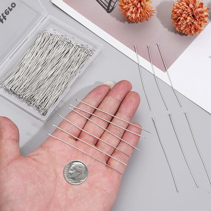 200 Pcs 70mm/2.76 Inch 21 Gauge Head Pins for Jewelry Making, Yumttero Straight Eye Pins for Craft Earring Bracelet Necklace Pendant Jewelry Making (Head Pins,Platinum Color)
