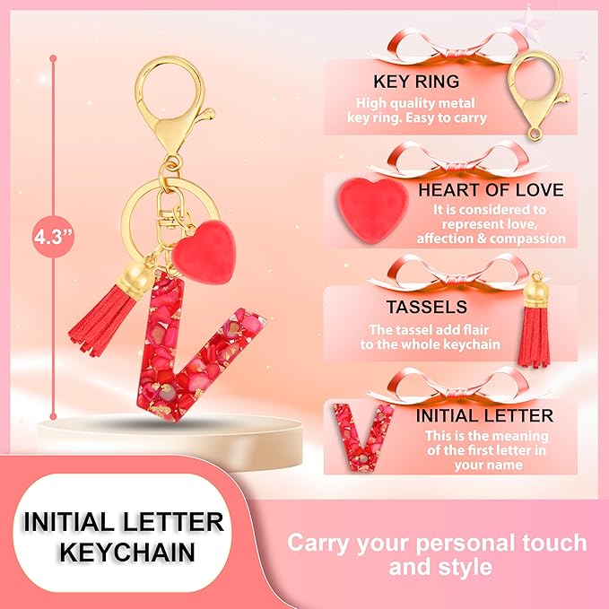 Initial Keychains for Women with Cute Heart Resin - Alphabet Letter Keychain for Bag, Backpacks, Purse or Car key
