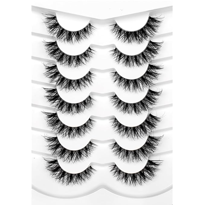 Pooplunch False Eyelashes Wispy Cat Eye Lashes Natural Short 8D Faux Mink Lashes Fake Eyelashes Strips 7 Pairs Pack