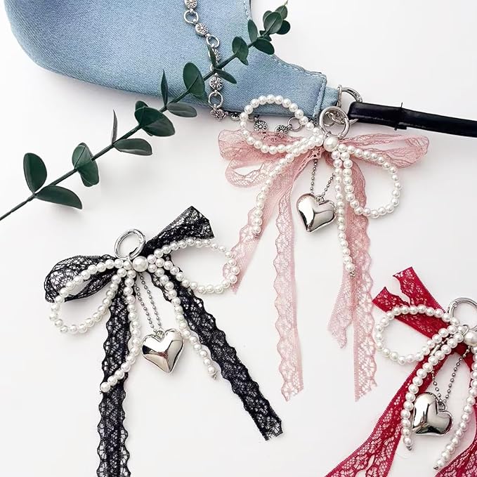 Pearl Bow Keychain Cute Y2k Lace Bowknot Keychain Coquette Aesthetic Accessories Bag Purse Handbag Backpack Charm