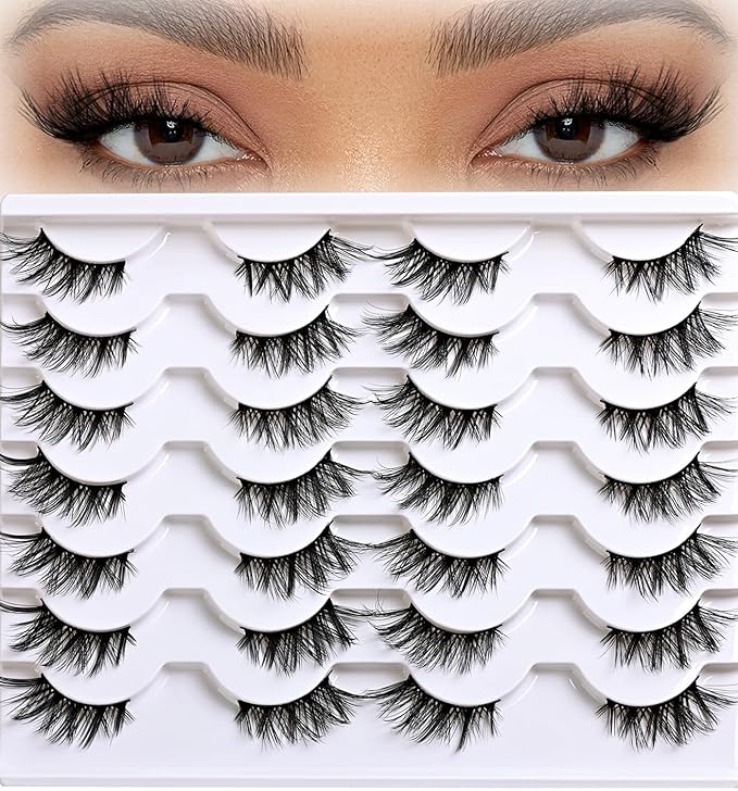 APCYUST Half Lashes False Eyelashes Wispy Fake Lash Strips Natural Cat Eye Strip Eyelash Pack 14 Pairs Mink Half Lashes Cateye 7-15mm Half Eyelashes for Women